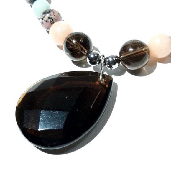 Faceted Teardrop Smokey Quartz Necklace Rhodonite Faux Pearls Silver - Picture 3 of 7